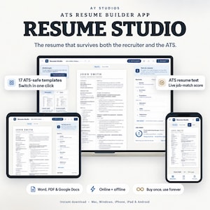 Puede incluir: Interfaz del software Resume Studio mostrada en un monitor de computadora, tableta y teléfono inteligente. Las pantallas muestran plantillas de currículum, puntuaciones de coincidencia laboral y herramientas. Texto: AY Studios, Resume Studio.