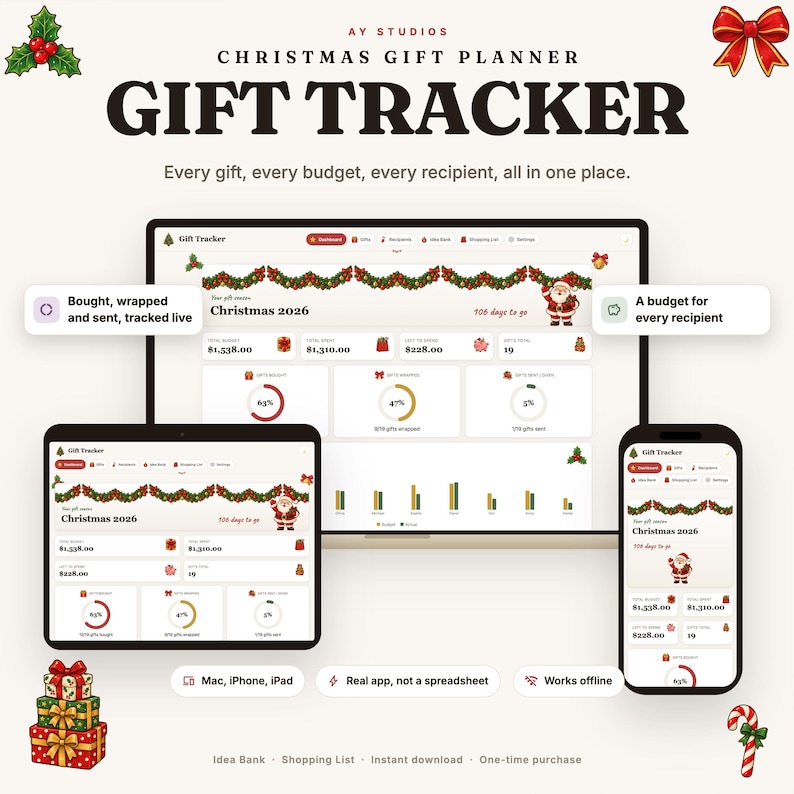 May include: A digital Christmas gift tracker application displayed on a computer, tablet, and smartphone. The interface features a dashboard with budget summaries, progress rings for gifts bought, wrapped, and sent, and a countdown to Christmas 2026.