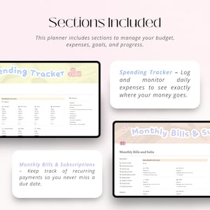 Puede incluir: Un planificador digital con secciones para la gesti&oacute;n del presupuesto, gastos, objetivos y progreso. La imagen muestra un "Spending Tracker" para controlar los gastos diarios y una secci&oacute;n "Monthly Bills & Subscriptions". El texto "Sections Included" est&aacute; en la parte superior.