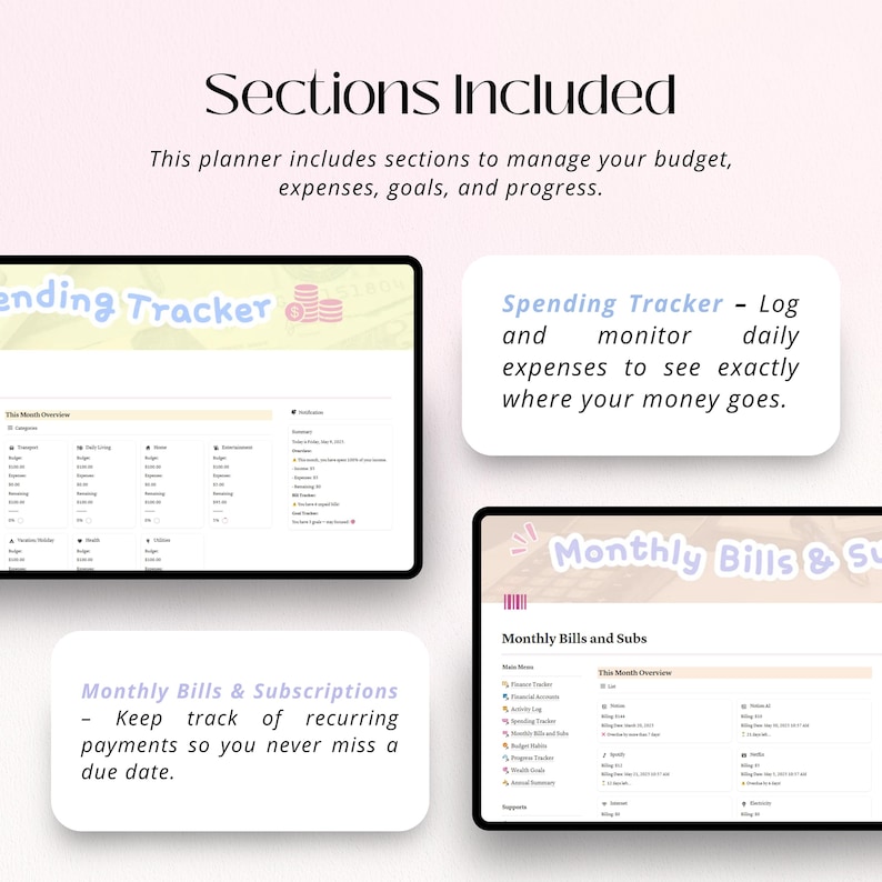 Puede incluir: Un planificador digital con secciones para la gesti&oacute;n del presupuesto, gastos, objetivos y progreso. La imagen muestra un "Spending Tracker" para controlar los gastos diarios y una secci&oacute;n "Monthly Bills & Subscriptions". El texto "Sections Included" est&aacute; en la parte superior.