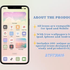 May include: A screenshot of an iPhone displaying a customised home screen with a pastel pink and blue sky background. The screen shows a grid of app icons, including popular apps like Apple TV, Snapchat, Discord, Netflix, and Starbucks. The text "Photowidget" appears at the top of the screen. The text "ABOUT THE PRODUCT" appears in a blue box at the top of the image. The text below the blue box reads: "All icons are compatible for Ipad and Mobile. With free wallpapers for Ipad, Iphone and Android. Includes 300+ unique and special icons designed for study and productivity. AYSTUDIOS."