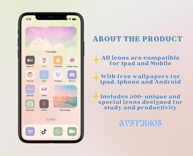 May include: A screenshot of an iPhone displaying a customised home screen with a pastel pink and blue sky background. The screen shows a grid of app icons, including popular apps like Apple TV, Snapchat, Discord, Netflix, and Starbucks. The text "Photowidget" appears at the top of the screen. The text "ABOUT THE PRODUCT" appears in a blue box at the top of the image. The text below the blue box reads: "All icons are compatible for Ipad and Mobile. With free wallpapers for Ipad, Iphone and Android. Includes 300+ unique and special icons designed for study and productivity. AYSTUDIOS."