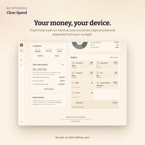 Pode incluir: Uma interface digital para a aplica&ccedil;&atilde;o Clear Spend da AY Studios, exibindo funcionalidades de controlo financeiro, incluindo o total de dinheiro dispon&iacute;vel, categorias de or&ccedil;amento como mercearia e transportes, e defini&ccedil;&otilde;es de privacidade.