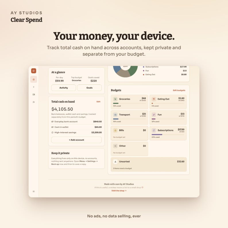 Pode incluir: Uma interface digital para a aplica&ccedil;&atilde;o Clear Spend da AY Studios, exibindo funcionalidades de controlo financeiro, incluindo o total de dinheiro dispon&iacute;vel, categorias de or&ccedil;amento como mercearia e transportes, e defini&ccedil;&otilde;es de privacidade.