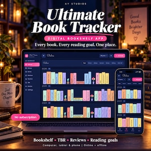 Puede incluir: Una aplicación de seguimiento de libros digital mostrada en una computadora portátil y un teléfono inteligente. La interfaz presenta un tema oscuro con iconos de lomos de libros coloridos organizados por año. El texto incluye "Ultimate Book Tracker".