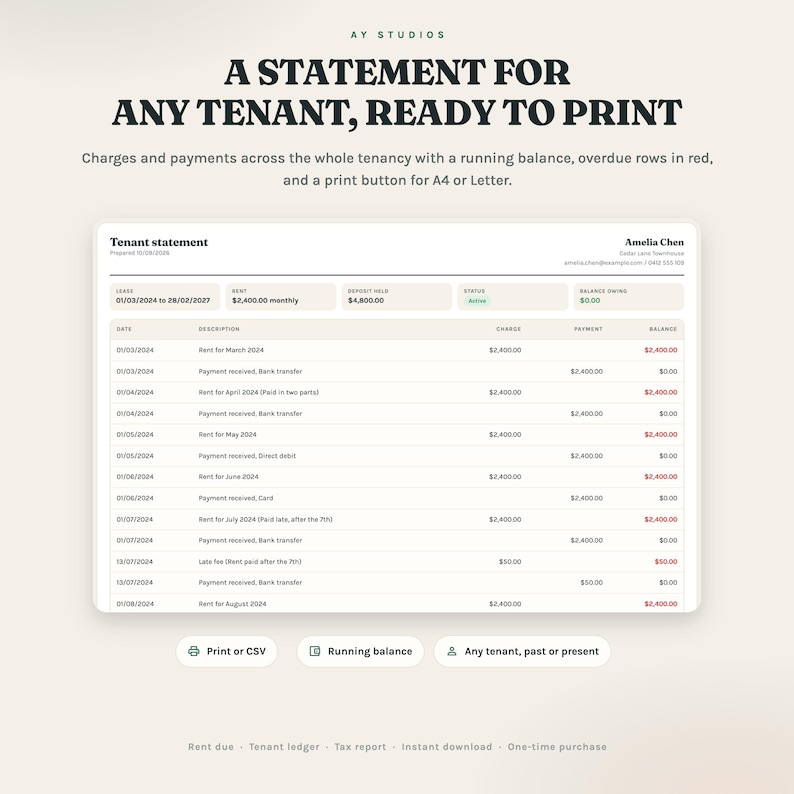 Tenant ledger: printable statement with running balance