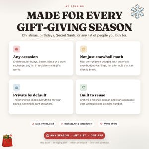 May include: A digital infographic titled MADE FOR EVERY GIFT-GIVING SEASON by AY STUDIOS. It features four white rectangular boxes with icons detailing features: Any occasion, Not just snowball math, Private by default, and Built to reuse.
