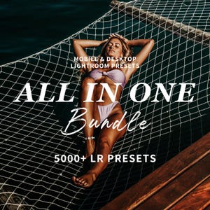 May include: A woman in a hammock with the text "ALL IN ONE Bundle 5000+ LR PRESETS" and "MOBILE & DESKTOP LIGHTROOM PRESETS" on the image.
