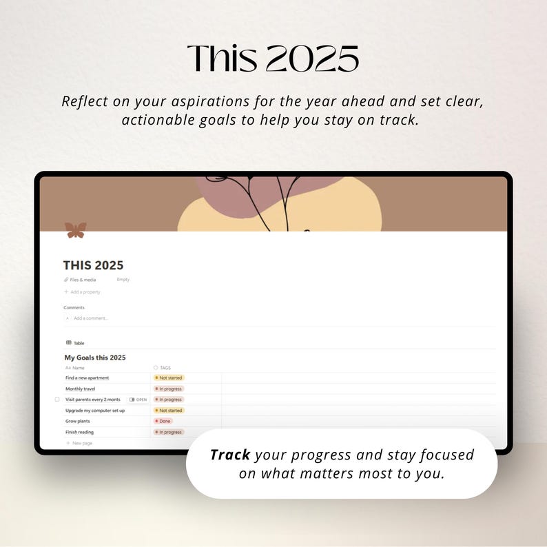 Puede incluir: Una captura de pantalla de una aplicaci&oacute;n de seguimiento de objetivos digitales con el texto "This 2025" y un icono de mariposa. La aplicaci&oacute;n tiene una lista de objetivos con casillas de verificaci&oacute;n para realizar un seguimiento del progreso. El texto "Track your progress and stay focused on what matters most to you." est&aacute; en la parte inferior de la pantalla.
