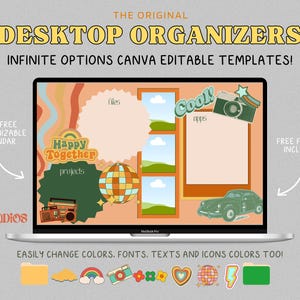 May include: A laptop screen displaying a digital desktop organizer template with a retro 70s theme. The template features colorful shapes, icons, and text boxes for organizing files, projects, and notes. The text "Happy Together" is featured in a green circle. The text "Cool!" is featured in a yellow circle. The text "Tiles" is featured in a white circle. The text "projeds" is featured in a green circle. The text "Free Folders Included!" is featured in a white box. The text "Easily Change Colors, Fonts, Texts and Icons Colors Too!" is featured below the laptop screen. The image also includes a variety of icons, including a rainbow, a flower, a heart, a disco ball, a lightning bolt, and a folder.
