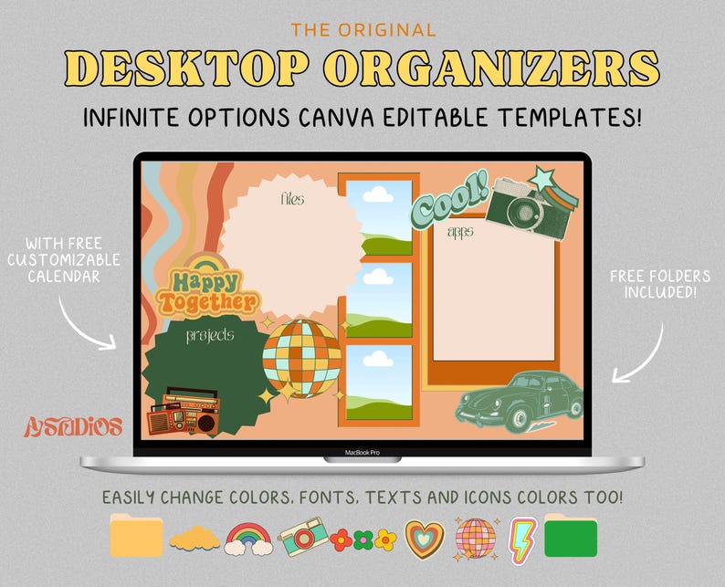 May include: A laptop screen displaying a digital desktop organizer template with a retro 70s theme. The template features colorful shapes, icons, and text boxes for organizing files, projects, and notes. The text "Happy Together" is featured in a green circle. The text "Cool!" is featured in a yellow circle. The text "Tiles" is featured in a white circle. The text "projeds" is featured in a green circle. The text "Free Folders Included!" is featured in a white box. The text "Easily Change Colors, Fonts, Texts and Icons Colors Too!" is featured below the laptop screen. The image also includes a variety of icons, including a rainbow, a flower, a heart, a disco ball, a lightning bolt, and a folder.