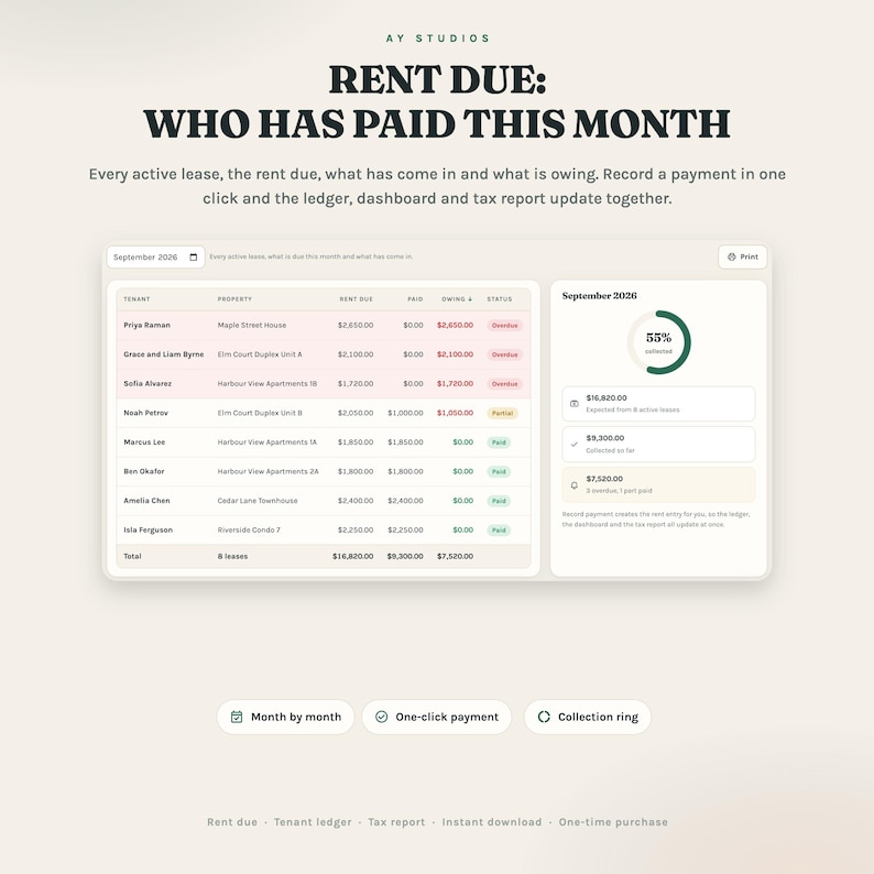 Rent due: every lease this month, record a payment in one click