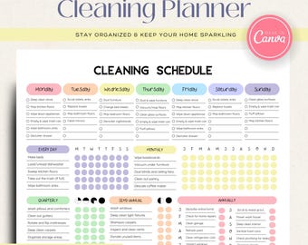 Programa de limpieza editable / Planificador de limpieza imprimible / Cuadro de tareas digitales / Plantilla Canva / Lista de verificación de limpieza del hogar / Descarga en PDF