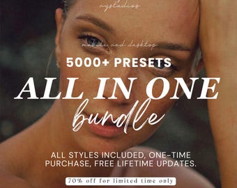 May include: Image featuring a woman with text overlay. The text reads "5000+ PRESETS ALL IN ONE bundle" and "ALL STYLES INCLUDED, ONE-TIME PURCHASE, FREE LIFETIME UPDATES." The image also states "70% off for limited time only."