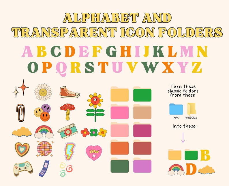 May include: A set of colorful alphabet letters and icons for use as folder icons. The icons include a daisy, a shoe, a mushroom, a sunflower, a cloud, a rainbow, a camera, a heart, a disco ball, a lightning bolt, a game controller, and a phone. The letters are in a retro style font. The image also includes instructions on how to turn these classic folders from Mac and Windows into these.