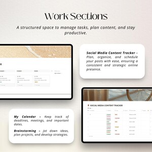 Puede incluir: Una captura de pantalla de un sitio web que muestra diferentes secciones para administrar tareas, planificar contenido y mantenerse productivo. Las secciones incluyen un calendario, un &aacute;rea de lluvia de ideas y un rastreador de contenido de redes sociales. El sitio web tiene un dise&ntilde;o limpio y moderno con un fondo claro.