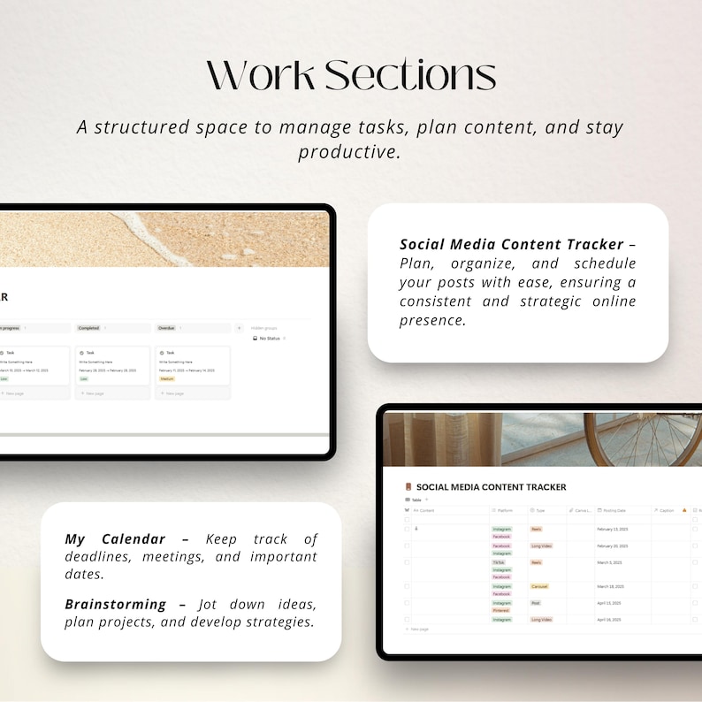 Puede incluir: Una captura de pantalla de un sitio web que muestra diferentes secciones para administrar tareas, planificar contenido y mantenerse productivo. Las secciones incluyen un calendario, un &aacute;rea de lluvia de ideas y un rastreador de contenido de redes sociales. El sitio web tiene un dise&ntilde;o limpio y moderno con un fondo claro.