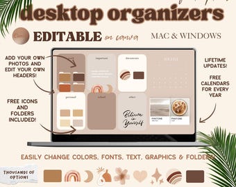 Editable Neutral Desktop Organizers | Desktop Wallpapers & Folder Icons | Canva Template Mac + Windows | School, Work, Business Productivity