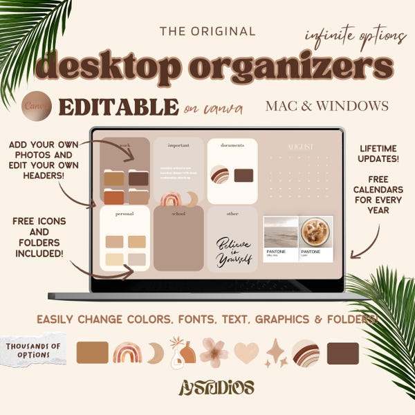 Organizzatori desktop neutri modificabili / Sfondi desktop e icone delle cartelle / Modello Canva per Mac + Windows / Produttività scolastica, lavorativa e aziendale