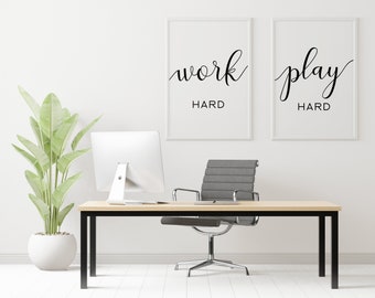 Work Hard, Play Hard, Motivational Set of 2 Printable for Office Decor, Office Wall Art, Digital Download PNG
