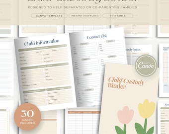 May include: A beige Child Custody Binder with the text "Child Custody Binder" and "EDSIGNED TO HELP SEPARATED OR CO-PARENTING FAMILIES". The binder includes pages for child information, contact lists, and weekly notes. The image also includes the text "CANVA TEMPLATE", "INSTANT DOWNLOAD", and "PRINTABLE".