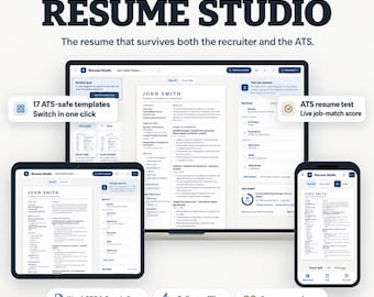 May include: Resume Studio software interface displayed on a computer monitor, tablet, and smartphone. The screens show resume templates, job-match scores, and editing tools. Text includes AY Studios, Resume Studio, and 17 ATS-safe templates.