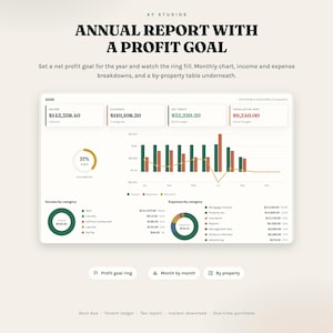 Annual report with profit goal ring and monthly chart