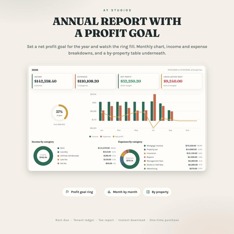 Annual report with profit goal ring and monthly chart