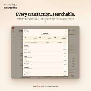 Pode incluir: Uma interface digital para o AY Studios Clear Spend mostrando um registro de atividades com detalhes de transa&ccedil;&otilde;es. A tela exibe dados financeiros, incluindo valores de In, Out e Safe, com uma lista de despesas como Internet e telefone.