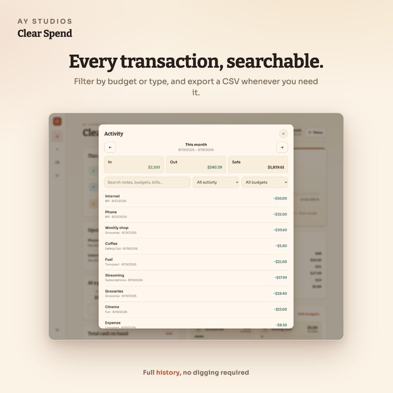 Pode incluir: Uma interface digital para o AY Studios Clear Spend mostrando um registro de atividades com detalhes de transa&ccedil;&otilde;es. A tela exibe dados financeiros, incluindo valores de In, Out e Safe, com uma lista de despesas como Internet e telefone.