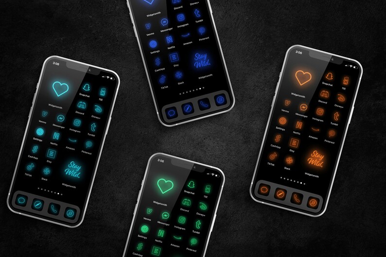 May include: Four iPhone screens with custom neon-coloured app icons and a "Stay Wild" text overlay. The icons are in blue, green, orange, and a combination of blue and green.