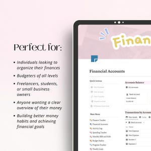Puede incluir: Una tableta digital que muestra una interfaz de planificaci&oacute;n financiera. La pantalla muestra un panel de control de "Cuentas financieras" con secciones para acciones r&aacute;pidas, saldos de cuentas y detalles de transacciones.