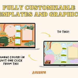 May include: A laptop screen displaying a before and after image of a customizable desktop template. The before image features a retro-style design with a peach background, a rainbow graphic, and a boombox. The after image features a similar design with a light blue background and a pastel color scheme.