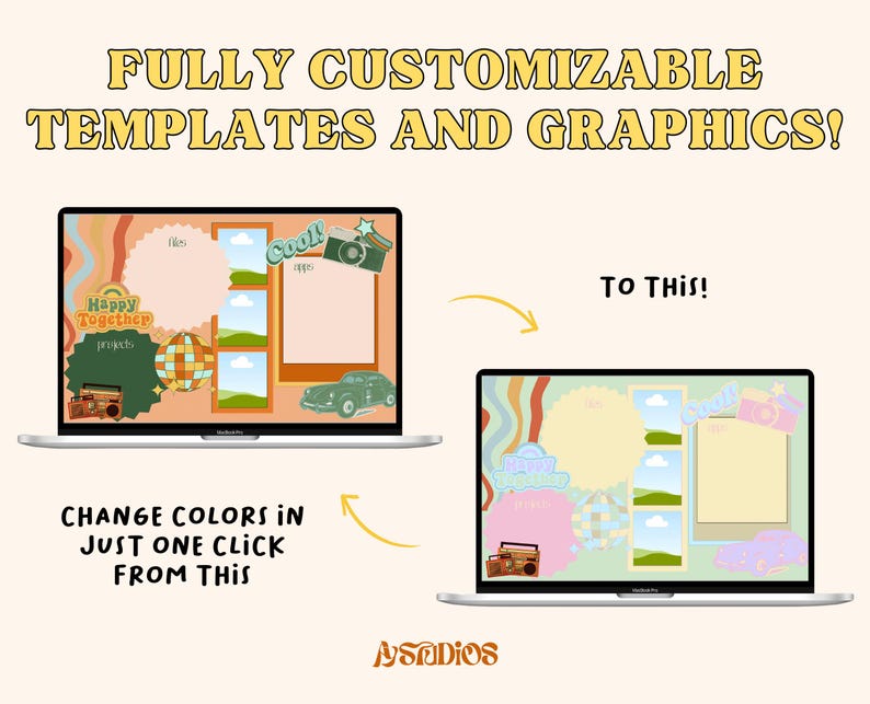 May include: A laptop screen displaying a before and after image of a customizable desktop template. The before image features a retro-style design with a peach background, a rainbow graphic, and a boombox. The after image features a similar design with a light blue background and a pastel color scheme.