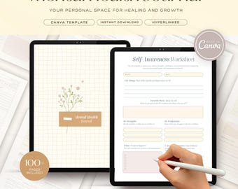 May include: Two tablets displaying a digital mental health journal. The journal has a beige grid background, floral details, and the text "Mental Health Journal." One tablet shows a "Self Awareness Worksheet." The image includes the text "100+ Pages Included."
