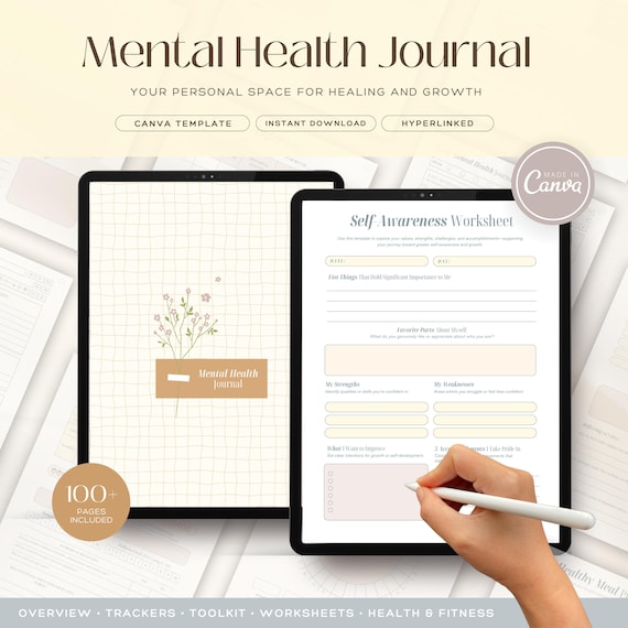 Digital Mental Health Journal | Self-Care & Anxiety Planner | Hyperlinked Wellness Tracker PDF | Printable Daily Mindfulness Journal