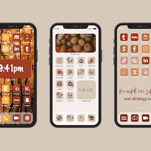 May include: Three iPhone screens with a fall-themed aesthetic. The first screen has a background of autumn leaves and features icons for apps like TikTok, Hulu, and Instagram. The second screen has a background of pumpkins and features icons for apps like Instagram, Lightroom, and Drive. The third screen has a background of a beige color and features icons for apps like TikTok, Hulu, and Uber Eats. The text "Pumpkin Spice and all things nice" is displayed on the third screen.