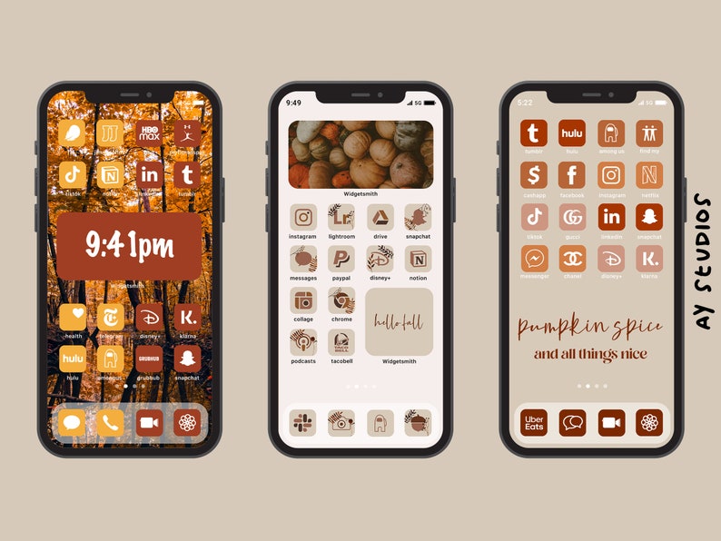 May include: Three iPhone screens with a fall-themed aesthetic. The first screen has a background of autumn leaves and features icons for apps like TikTok, Hulu, and Instagram. The second screen has a background of pumpkins and features icons for apps like Instagram, Lightroom, and Drive. The third screen has a background of a beige color and features icons for apps like TikTok, Hulu, and Uber Eats. The text "Pumpkin Spice and all things nice" is displayed on the third screen.