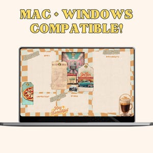 May include: A retro-themed laptop desktop background with a checkered pattern, a diner-style illustration, a pizza slice, a coffee cup, and the text "Hey Beautiful!" in a vintage font.