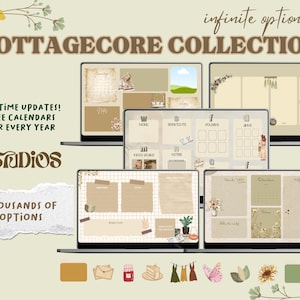 May include: A digital desktop background collection with a cottagecore theme. The collection includes various desktop layouts with different designs and colors. The layouts feature a variety of elements, including flowers, plants, and animals. The text "Cottagecore Collection" is displayed at the top of the image.