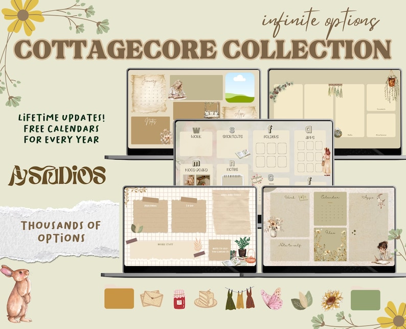 May include: A digital desktop background collection with a cottagecore theme. The collection includes various desktop layouts with different designs and colors. The layouts feature a variety of elements, including flowers, plants, and animals. The text "Cottagecore Collection" is displayed at the top of the image.
