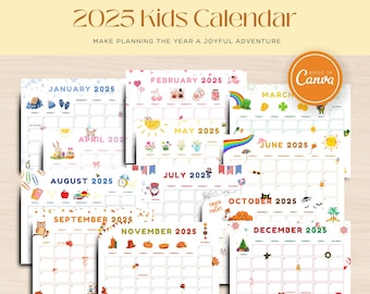 Calendario imprimible bonito de 2025, plantillas de calendario para niños de 2025, calendario de pared en PDF, calendario editable de Canva, planificador para niños, calendarios de educación en el hogar