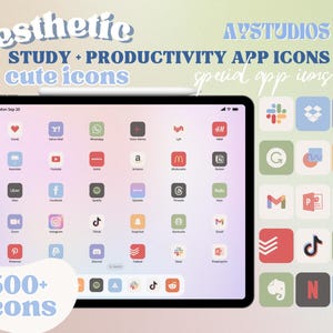 May include: A screenshot of an iPad screen displaying a grid of colorful app icons. The icons are arranged in a grid pattern and include popular apps such as YouTube, Instagram, TikTok, and Spotify. The screen is titled "aesthetic STUDY + PRODUCTIVITY APP ICONS cute icons".