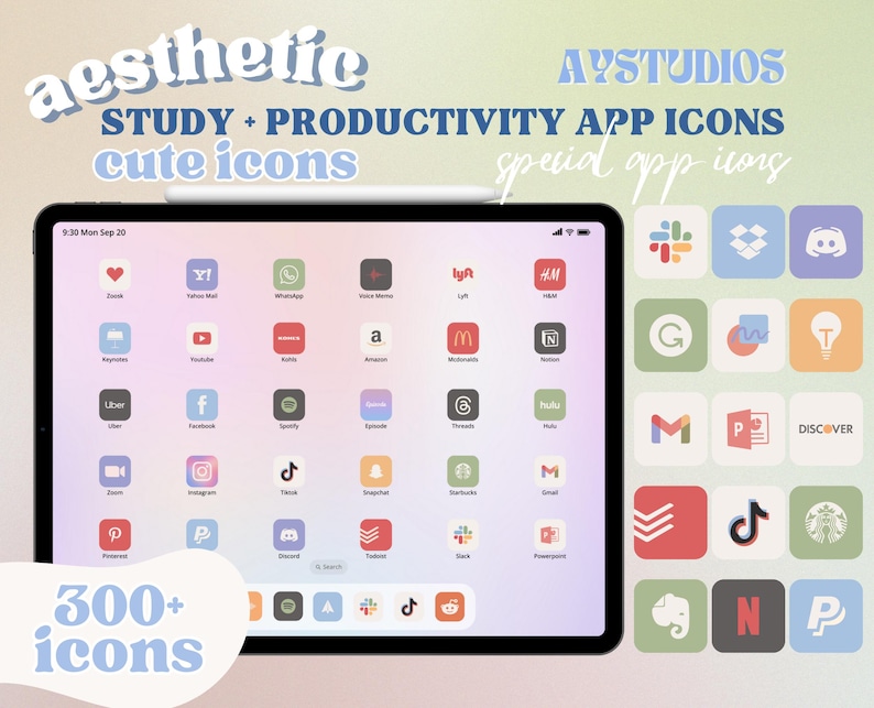 May include: A screenshot of an iPad screen displaying a grid of colourful app icons. The icons are arranged in a grid pattern and include popular apps such as YouTube, Instagram, TikTok, and Spotify. The screen is titled "aesthetic STUDY + PRODUCTIVITY APP ICONS cute icons".