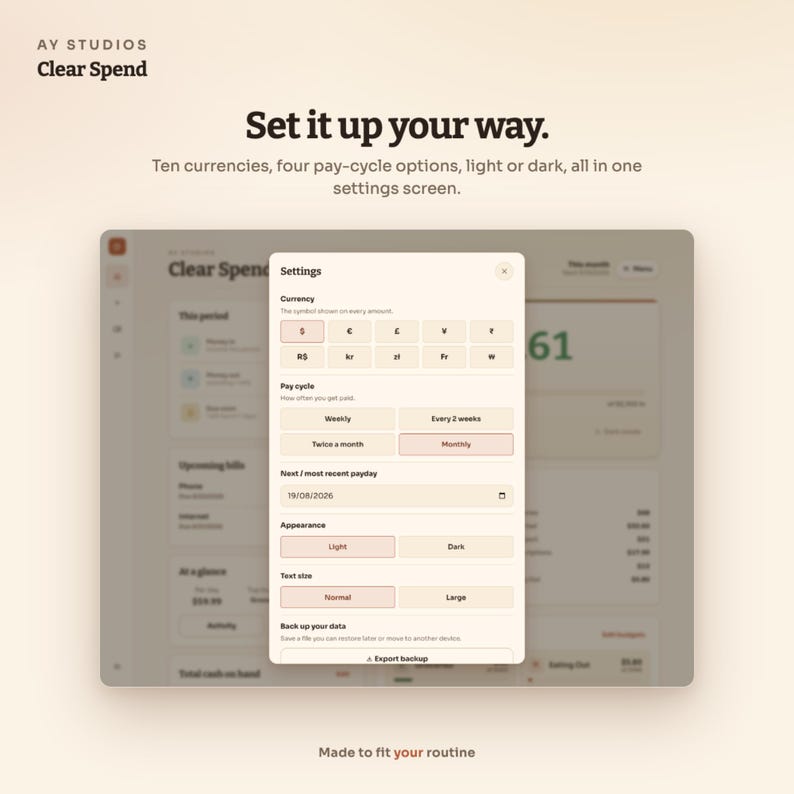 Pode incluir: Uma interface digital para o aplicativo Clear Spend da AY Studios. A tela exibe um menu de configura&ccedil;&otilde;es com op&ccedil;&otilde;es para sele&ccedil;&atilde;o de moeda, frequ&ecirc;ncia de pagamento, modos de apar&ecirc;ncia, tamanho do texto e um bot&atilde;o para exportar backup de dados.
