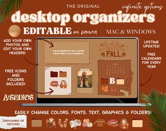 Organizadores de escritorio editables de otoño / Fondos de pantalla e iconos de carpetas / Plantilla de Canva para Mac y Windows / Productividad escolar, laboral y empresarial