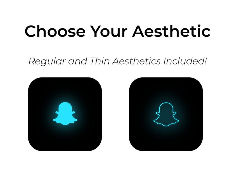 May include: Two black square buttons with a white outline. Each button features a blue ghost icon with a neon outline. The text "Choose Your Aesthetic" is above the buttons. The text "Regular and Thin Aesthetics Included!" is below the buttons.