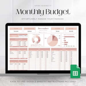May include: A laptop screen displaying a Google Sheets spreadsheet titled "Monthly Budget" with a pink and white color scheme. The spreadsheet includes sections for income, expenses, bills, and savings. The spreadsheet is for the month of December.