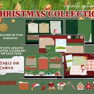 May include: A digital desktop planner collection with a Christmas theme. The collection includes various layouts with festive elements like snowflakes, ornaments, and a snowman. The text "CHRISTMAS COLLECTION" is displayed at the top of the image. The text "EDITABLE ON CANVA" is displayed in the lower left corner of the image.