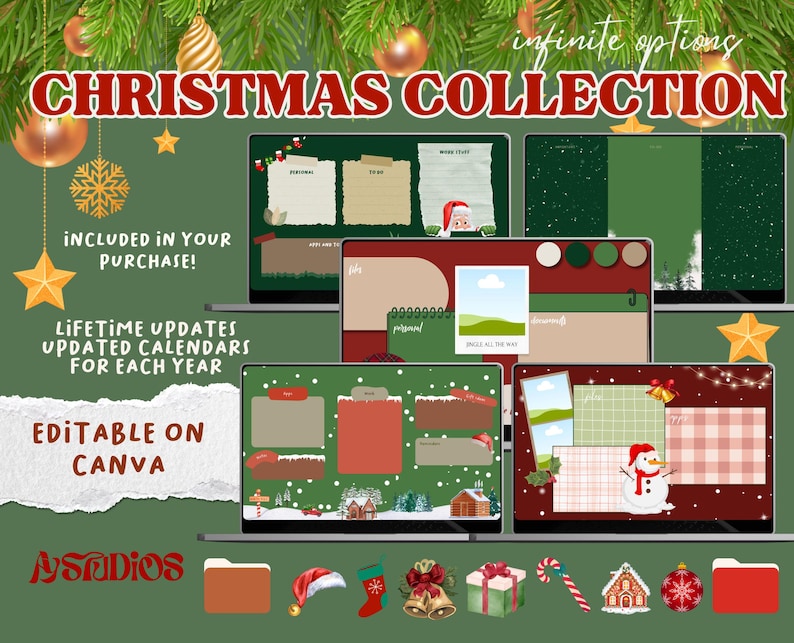 May include: A digital desktop planner collection with a Christmas theme. The collection includes various layouts with festive elements like snowflakes, ornaments, and a snowman. The text "CHRISTMAS COLLECTION" is displayed at the top of the image. The text "EDITABLE ON CANVA" is displayed in the lower left corner of the image.